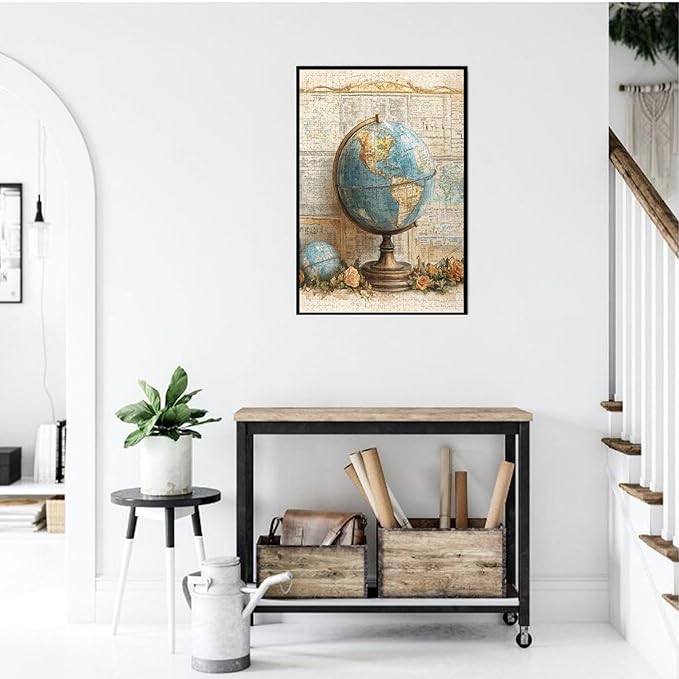 Elegant Globe Puzzle，World Map Inside, Vintage Backdrop, and Rose Detailing，1000 Piece Adults Wooden Jigsaw Puzzle，Puzzles Suitable for Entertaining with Family During Holidays