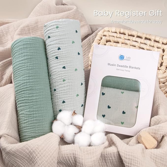 Lulu moon Muslin Swaddle Blanket Baby Receiving Blankets Neutral, 2 Pack, Sage