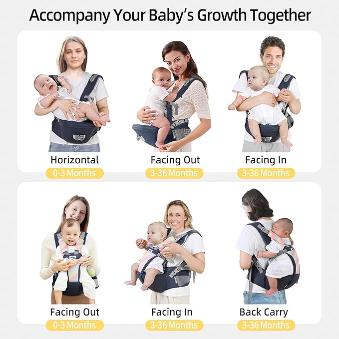 AIBABY Baby Carrier - Adjustable & Detachable Hip Seat, Ergonomic Lumbar Support, Breathable Airflow Design, Hands-Free Infant Carrier for Newborn to Toddler (7-44 lbs), All Seasons (Black)