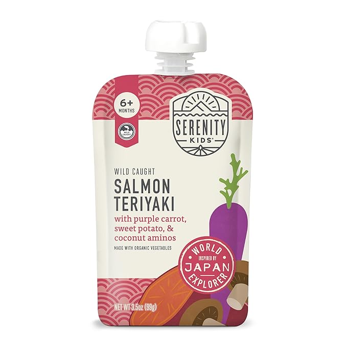 Serenity Kids + Months Baby Food Puree - Salmon Teriyaki Pouch, 3.5 oz, Pack of 6-5g Protein DV Wild-Caught Salmon Snacks - Nutrient-Packed Organic Baby Food Pouches - No Sugar Added Toddler Snack