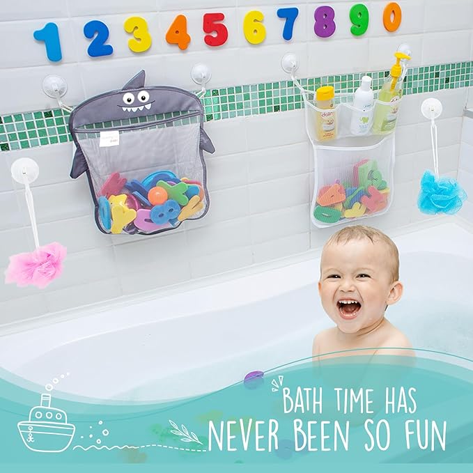 Comfylife Baby Bath Toy Organizer - Shark +36 Bath Letters & Numbers +Extra Bath Toy Storage Net & 10 Strong Hooks, Great Bath Net for Kids, Cute Bathtub Toy Organizer and Bath/Shower Caddy Solution