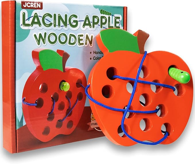 JCREN Wooden Lacing Apple Threading Toys Wood Lace Block Puzzle Shape Travel Game Toys Early Learning Fine Motor Skills Educational Gift for 3 4 5 Years Old Toddlers Baby Kids Boys