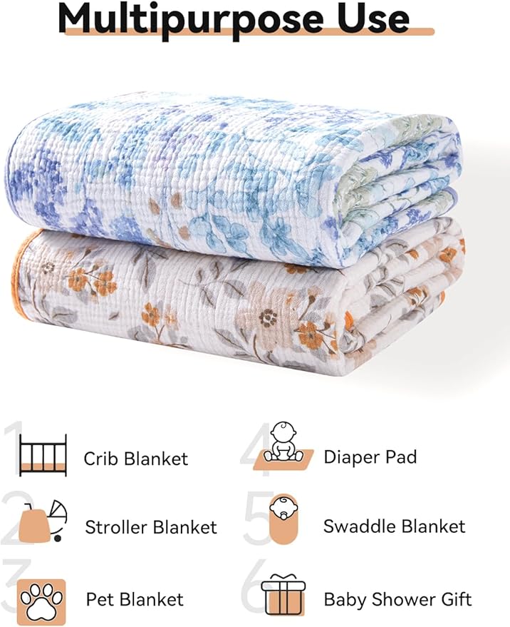 TILLYOU Muslin Baby Blankets for Girls Boys, Cotton Baby Blankets, Soft Breathable and Lightweight 40"X40", Yellow Flower