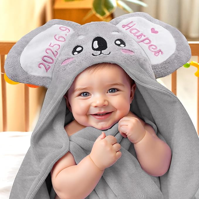 Custom Hooded Baby Towel with Name, Soft and Absorbent Customized Koala Toddler Towels, Baby Bath Towel for Boys and Girls, Easter Birthday Towel for Kids，Babies, Toddlers, Newborns Essential