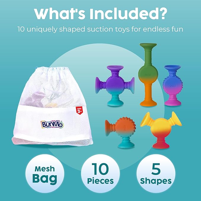 BUNMO Stocking Stuffers for Kids - Toddler Suction Bath Toys - Connect, Build, Create - Toddler Stocking Stuffers - Fine Motor Skills - Stimulating Sensory Fun - Color Changing 10pk