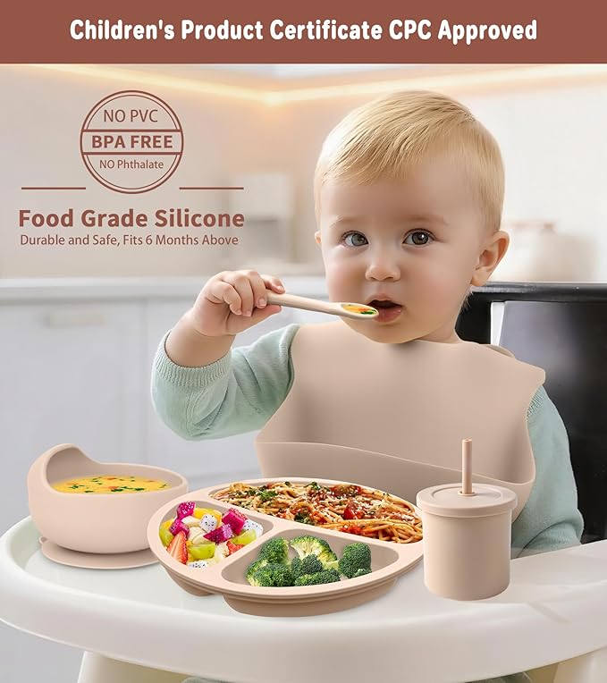 ECLIP Silicone Baby Feeding Set,10 Pcs Baby Led Weaning Supplies Baby Eating Essentials Set with Suction Bowl Divided Plate Adjustable Bib Soft Spoon Fork Cup with Lid Drinking Cup, Travel Bag (Beige)