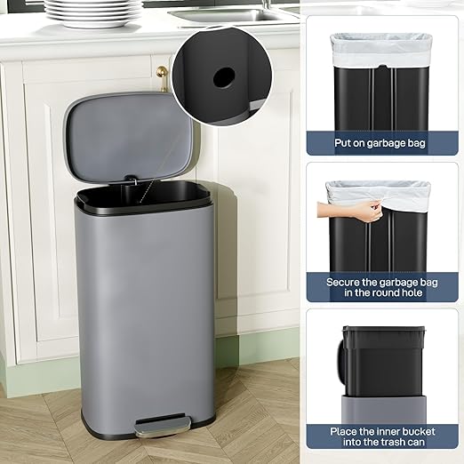 Arlopu 8 Gallon Step Trash Can, Stainless Steel Garbage Bin, Soft-Close Rubbish Bin with Removable Plastic Inner Bucket, Fingerprint-Proof, Lid Dustbin, Suit for Kitchen Home (Grey, 30L)