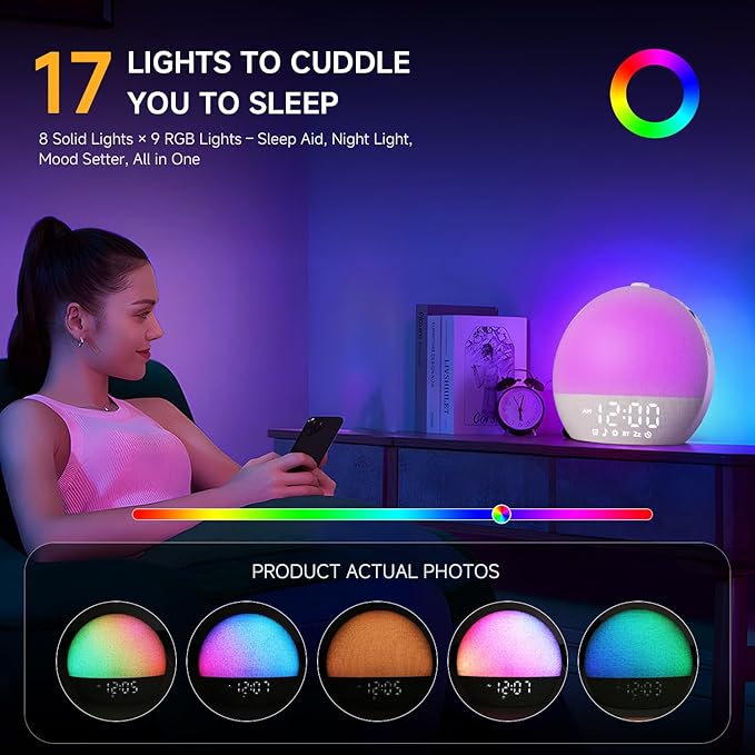 Sunrise Alarm Clock White Noise Sound Machine for Bedroom | Natural Wake-Up Light with 30 Soothing Sleep Aids, Bluetooth Speaker, Dimmable Clock, Screen-Free Design for Baby Adults Kids-White