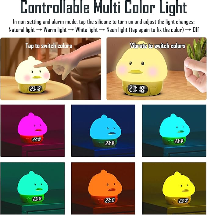 Cute Duck RGB Rechargeable Night Light, Soft Silicone Lampshade, Adjustable Brightness LED Clock, Date, Alarm, Thermometer, Timer, Tap Control, Bedroom Lamp, Gift for Girl and Kid (Yellow Duck)