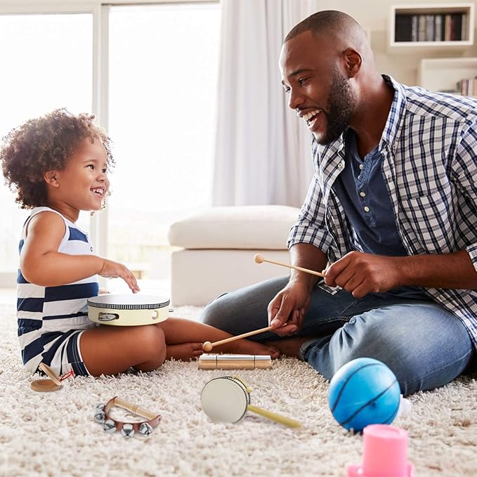 Stoie's Wooden Kids Musical Instruments for 3-9 Years Old, with Drum, Hand Bells, Flute, Maracas, Castanet, Tamburine, for Babies and Toddlers, Durable, Safe, Montessori Educational Toy, Storage Bag