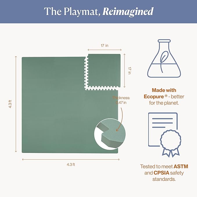 Toddlekind Solid Color Foam Play Mat 4x4 Baby Playmat. Stylish, Non-Toxic, Odorless, Plain Design Puzzle Play Mat 0m+ Sage Moss (Green)