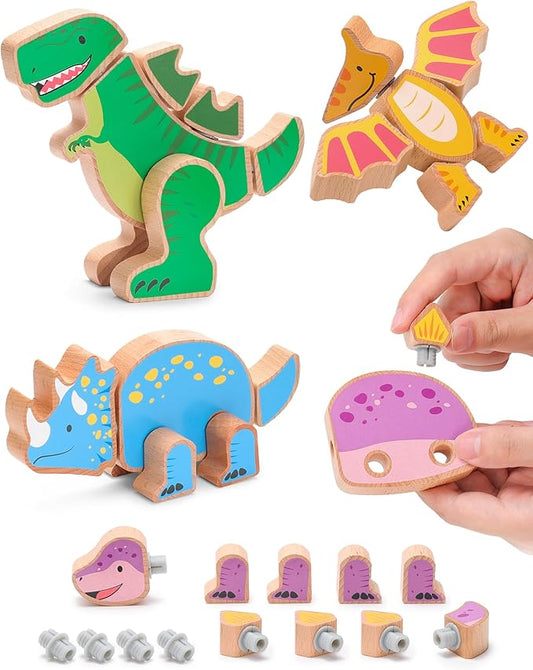 SainSmart Jr. Wooden Snap Together Building Toy, 4 Pcs Dinosaur Take Apart Toys, Montessori Toys for Toddler Developmental Learning - Ideal Gift for Boys and Girls
