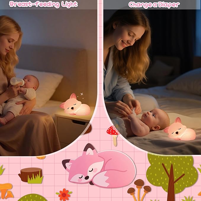 Fox Lamp for Girls, Pink Silicone Squishy Fox Shaped, 20 Mins Auto-Off Rechargeable Dimmable Night Light, Fox Gifts for Nursery Baby Girl Women, Christmas Idea