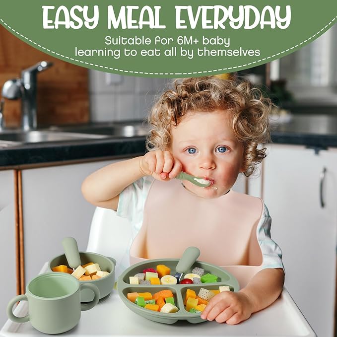 Yinder 24 Pack Silicone Baby Feeding Set Baby LED Weaning Supplies Includes Suction Divided Plates Soft Bowl Spoons Forks Adjustable Bib Snack Cup and Straws(Dark Green, Beige, Light Pink)