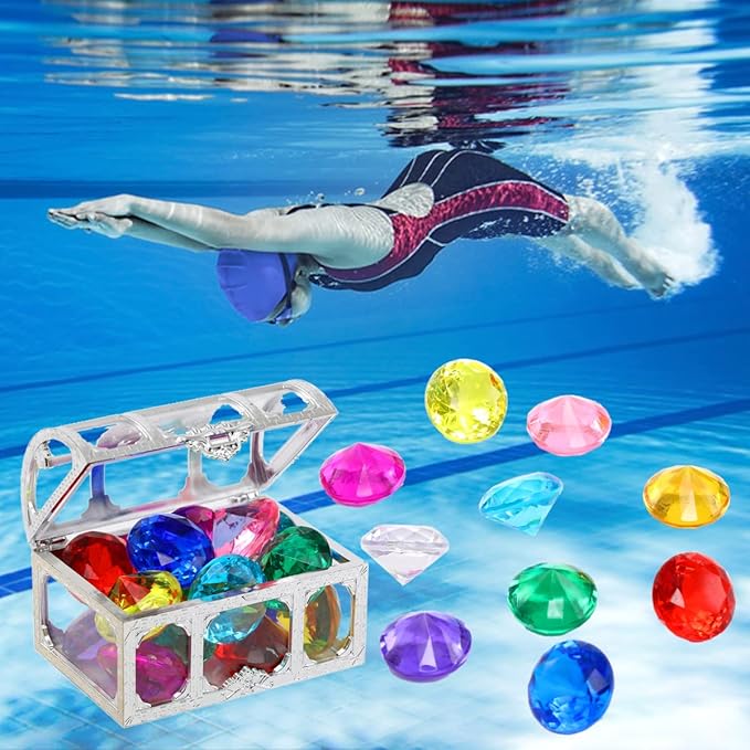 Diving gem Pool Toys Sand Toys,14Colorful Diamond Treasure Chest Summer Swimming gems Pirate Diving Toy Set Underwater Swimming toyChildren's Game Gifts for Boys and Girls(Silver White)