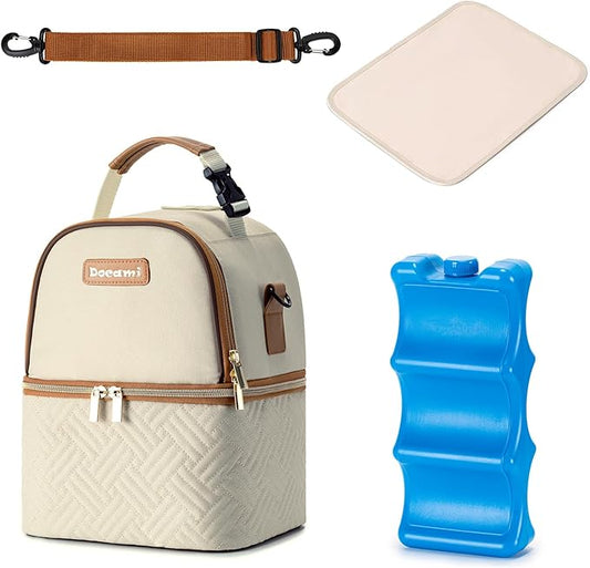 Breastmilk Cooler Bag with Ice Pack & Mat Fit 6 Bottles Up to 9 Ounce, Breast Milk Pump Cooler Bag for Moms Daycare,Work&Travel, Cream