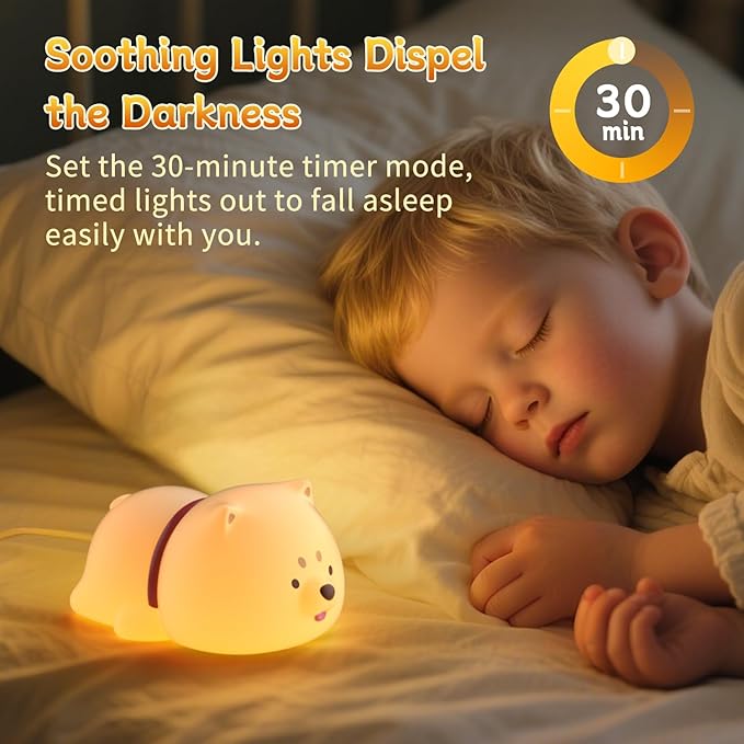 Cute Puppy Night Light for Baby Kids - Rechargeable Touch Control Night Light with 3 Brightness, Warm Light, Timer & Soft Silicone - Nursery Bedroom