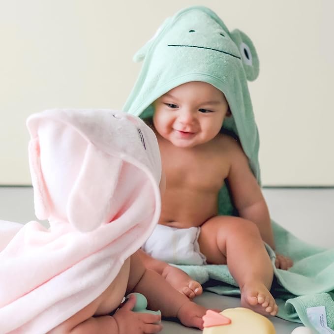 CuddleBug Hooded Baby Bath Towel & Washcloth Set (Frog) - 100% Cotton Terrycloth Hooded Baby Towels for Newborn & Toddler, Super-Soft & Ultra-Absorbent, Newborn Essentials (30" x 30") - Sage Green