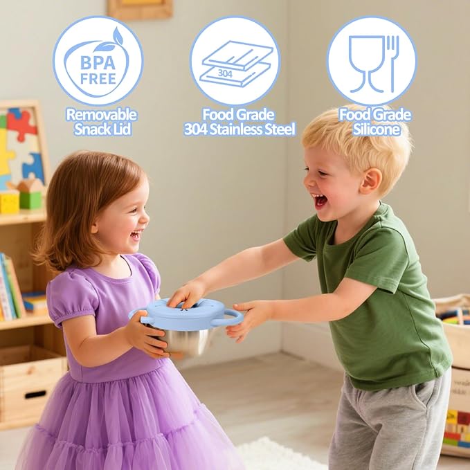 BUSOHA Stainless Steel Toddler Snack Cups - 9 OZ Spill-Proof Baby Snack Containers with Silicone Catcher and Lid Travel Snack Containers for Kids Food Grade Silicone Dishwasher Safe,Blue