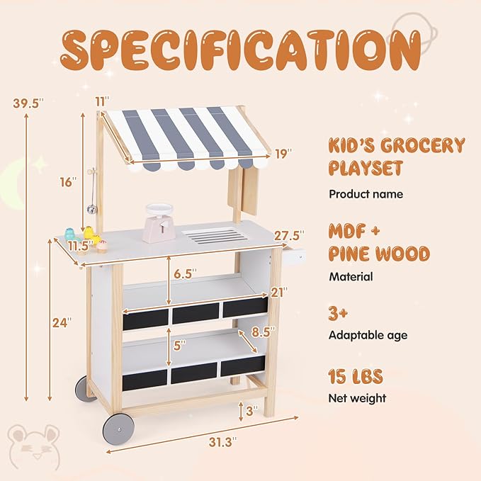 HONEY JOY Kids Ice Cream Cart, Wooden Grocery Store Playset w/6 Pieces Play Food, Realistic Bell & Food Scale, Chalkboard, Pretend Play Dessert Shop Counter Stand Truck, Gift for Boys Girls