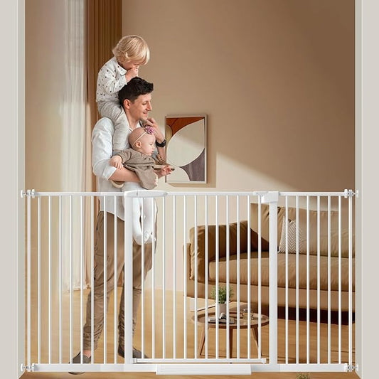 DEARBB Extra Wide Baby Gate Ultra Narrow Spacing 30.11-77.36" Pressure Mounted Double Lock Swing Auto Close Walk Through Metal Safety Pet Gate for Stairs and House Doorway Kitchen