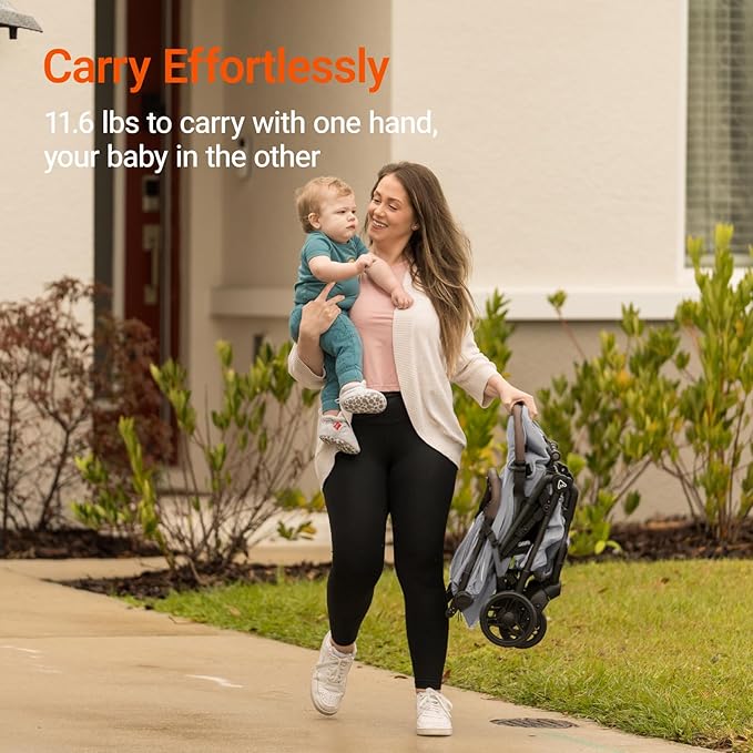 MAMAZING Lightweight Baby Travel Stroller with Carbon Fiber Frame, Compact & Airplane-Friendly, One-Handed Folding Design, 11.6 lbs, Perfect for Toddlers, Grey