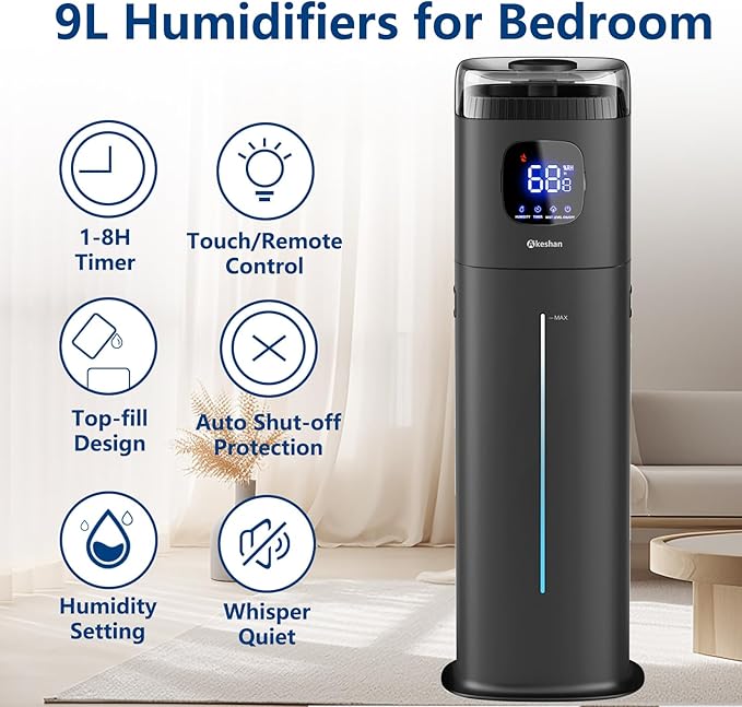 Large Humidifiers for Bedroom, 9L/2.5Gal Ultrasonic Cool Mist, Easy Clean Humidifier with 350ML/H Large Mist Speed, Quiet, Suitable for Kids Room Plant Yoga (Square W)