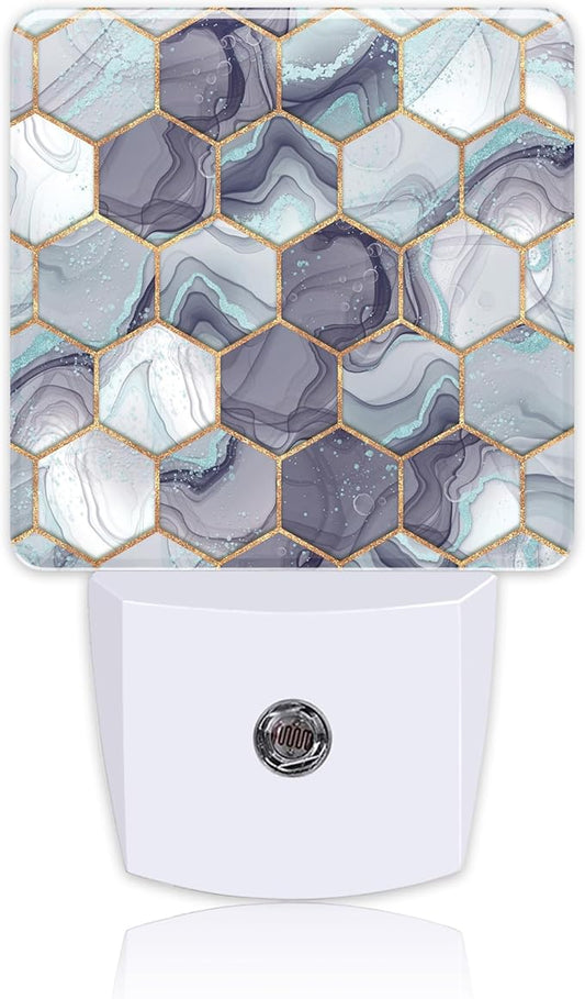 Hexagon Golden Blue Marble Night Light Plug into Wall with Dusk to Dawn Sensor Cute Nightlight for Kid Girls Boys Women Men Room Decor, Hallway, Kitchen, Bathroom, Nursery, Stairs