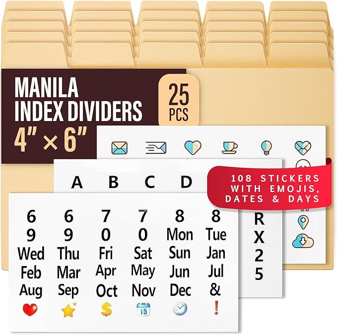 25 Heavyweight Manila Index Card Dividers 4x6 - Index Organizer Dividers with Tabs & 108 Stickers for Recipe, Note, Monthly Index Cards 4x6 & Card Stock