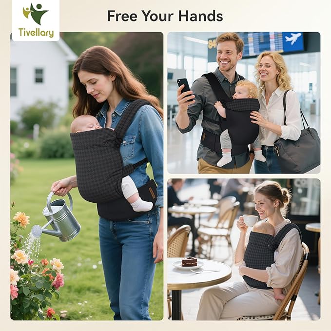 Reversible Baby Carrier – Black Solid & Houndstooth; Lightweight & Breathable Lyocell Fabric; Ergonomic Lumbar Support and Quick Hands-Free Wear for Newborn to Toddler (7–44 lbs)