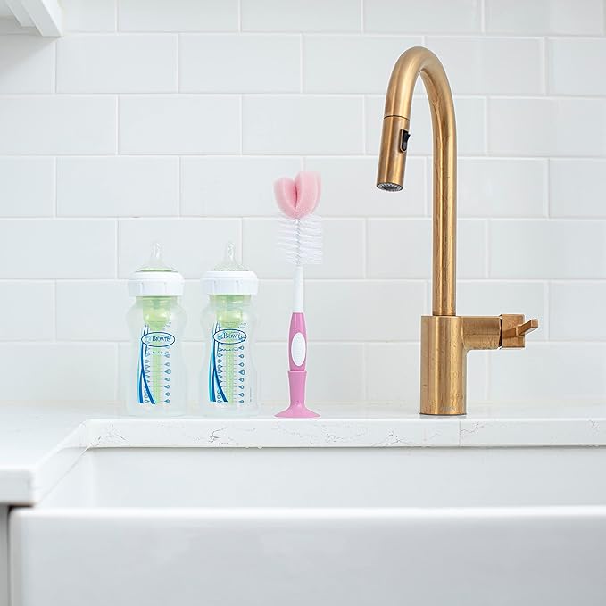 Dr. Brown's Reusable Sponge Baby Bottle Cleaning Brush Set with Suction Cup Stand, Scrubber and Nipple Cleaner, Pink, 3 Pack