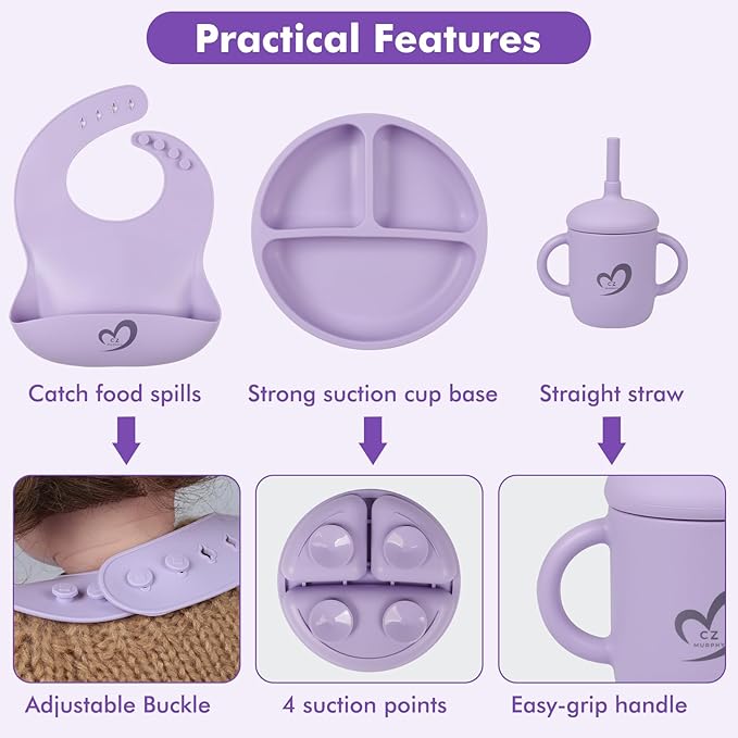 Silicone Baby Feeding Set Essentials,13 Pcs,Baby Led Weaning Supplies, Baby Spoons Suction Bowl Divided Plate Bib Cup Finger Brush,First Stage Solid Food Eating Utensils - 6 Months + (Purple)
