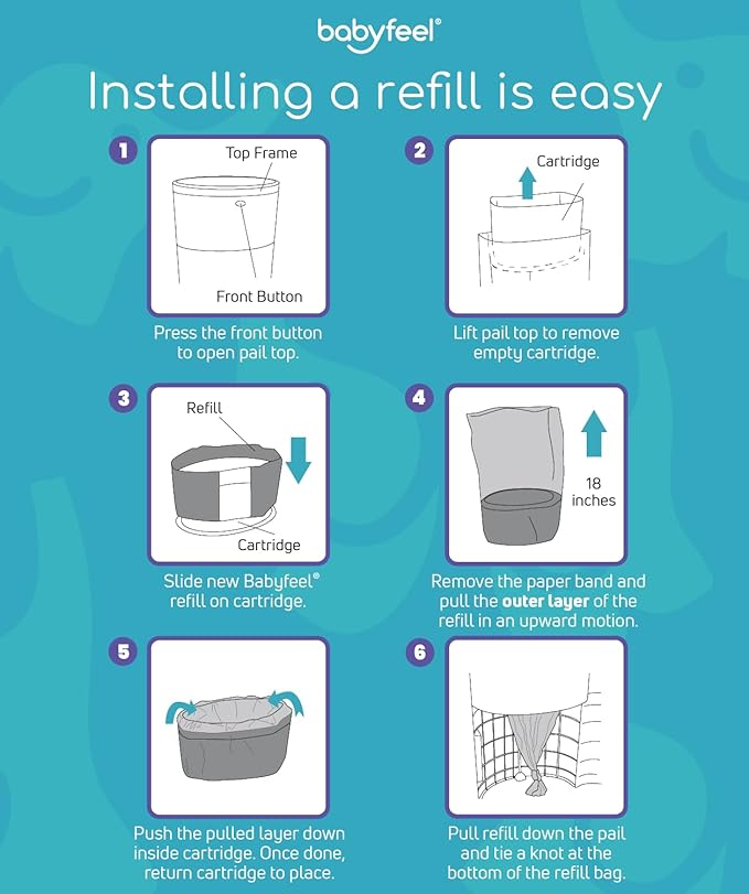 Babyfeel Refills Compatible with DEKOR CLASSIC Diaper Pails | 4 Pack | Exclusive 30% Extra Thickness | Diaper Pail Refills with Powerful Odor Elimination | Powder Scent | Holds up to 1980 Diapers