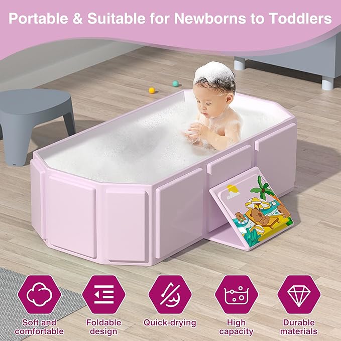 Portable Folding Baby Bath Tub, 29.5L x 17.7W x 9.8H inches, Suitable for 0-6 Years, Pink/Mint Green (Pink)