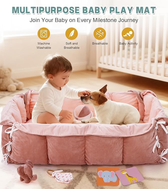 5-in-1 Baby Play Gym and Tummy Time Mat, Tummy Time Pillow & 12 Learning Cards, Plush Activity Mat with 6 Toys, Baby Gym, Convertible to Ball Pit & Pet Bed, Baby Gift, Pink