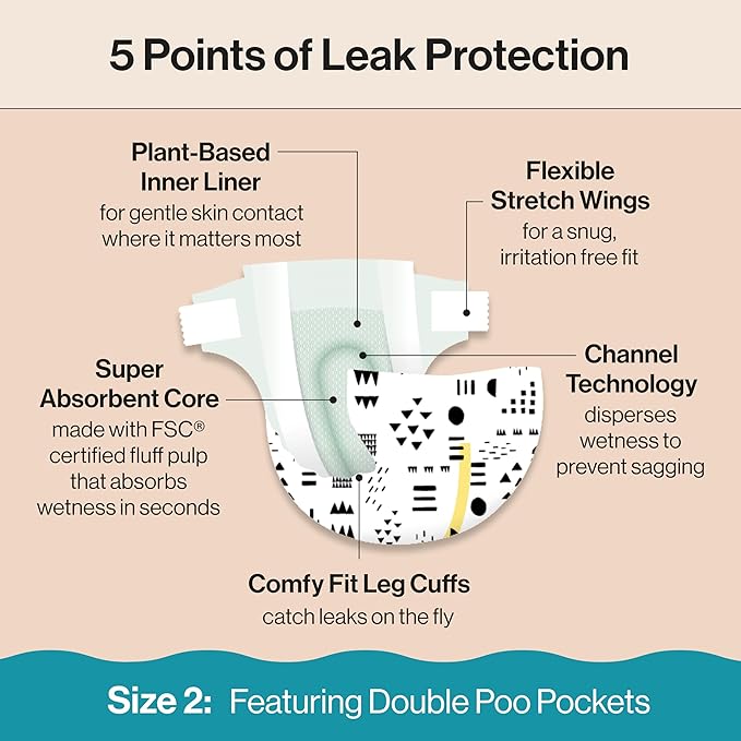 The Honest Company Clean Conscious Diapers for Sensitive Skin, Up to 100% Leakproof Hypoallergenic Fragrance-Free Baby Diapers, Gender Neutral Prints, Super Club Box, Size 2 (12–18 lbs), 124 Count