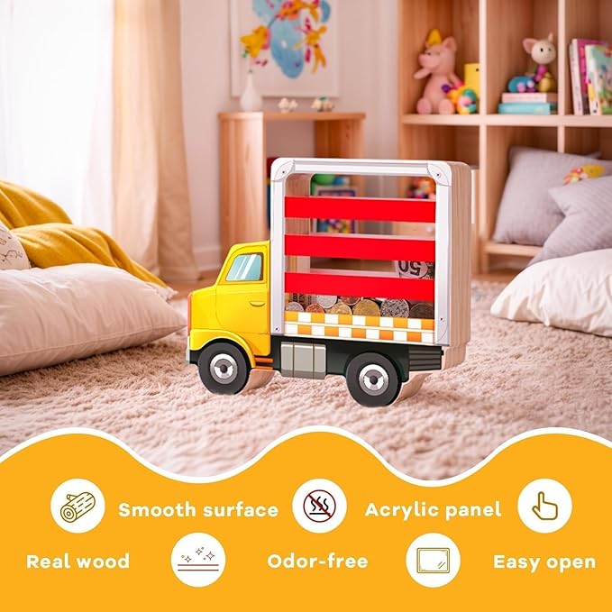 Wooden Piggy Bank for Kids, Truck Piggy Bank with Acrylic Panels, Unbreakable Toddler Money Box for Boys and Girls, DIY Kids Safe Coin Box with Letter Sticker, Birthday Gift