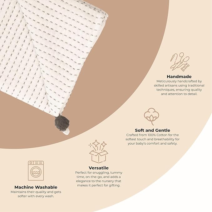 Crane Baby White and Black Stitched Stripe Blanket, Soft Cotton Nursery and Stroller Blanket, 100% Cotton, 36" x 36"