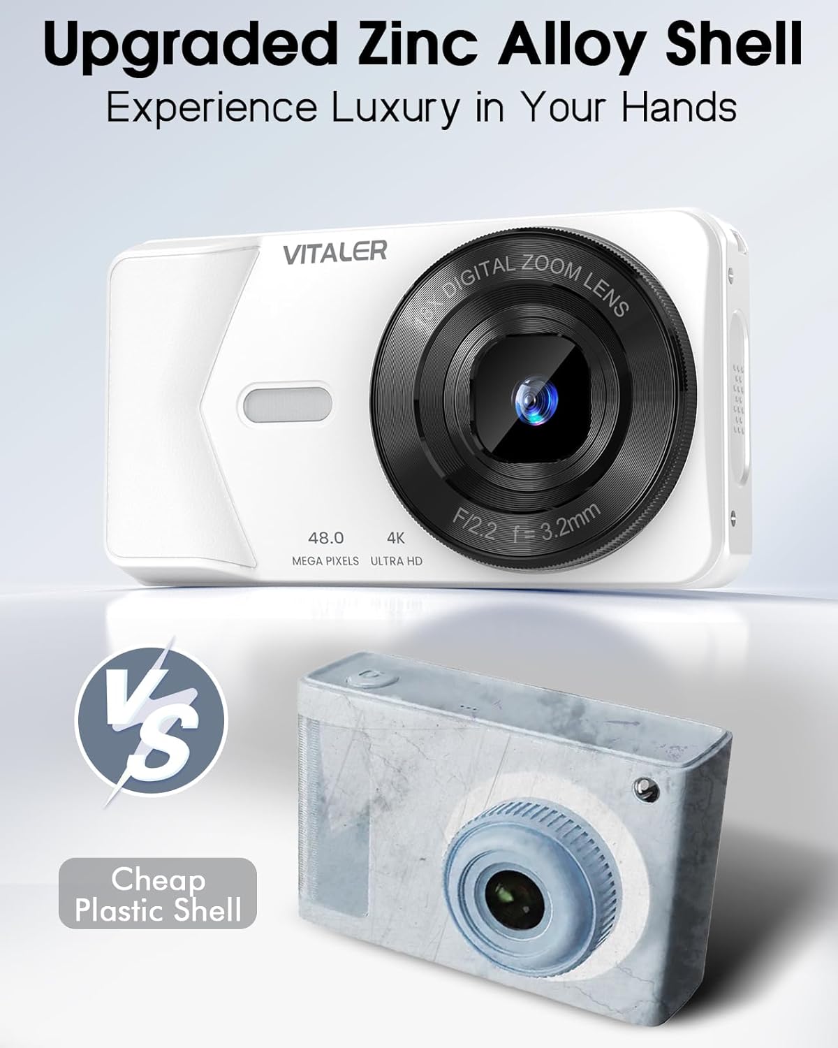 Digital Camera, Autofocus 48MP 4K Camera for Photography with 32GB Card, Portable Compact Point and Shoot Digital Camera for Teens Adult Beginner Kids with Metal Shell, 2000 mAh Battery