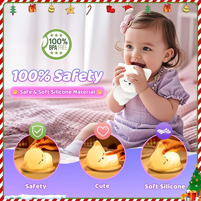 Night Light for Kids,16 Colors Cat Lamp Cute Lamp,Dimmable Baby Night Lights for Nursery,Silicone Rechargeable Nightlight for Kids Room,Kawaii Room Decor,Cat Gifts for Girls Gift for 3-6 Year Old Girl