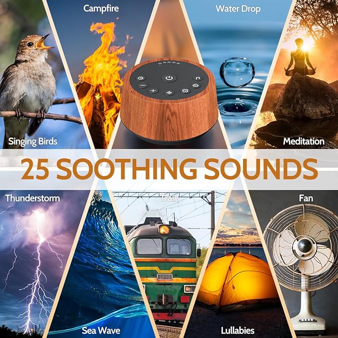 Color Noise Sleep White Noise Sound Machines 25 Soothing Sounds 32 Volume Levels 5 Timers and 4 Sound Categories Memory Function for Everyone, WOOD