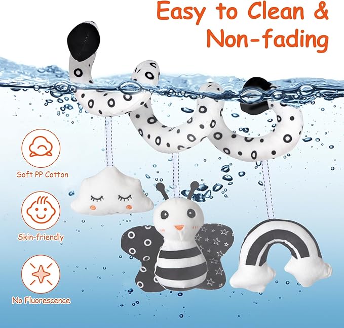 Car Seat Toys, Infant Baby Spiral Activity Hanging Toys Stroller Toys for Car Seat Stroller Bar Crib Bassinet Mobile with BB Squeaker and Rattles (Bee)