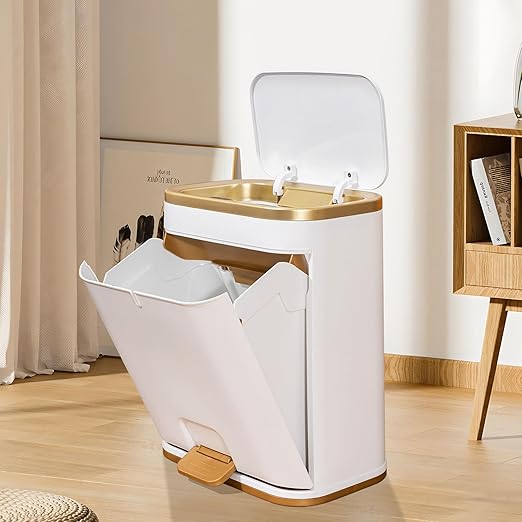 Bathroom Trash Can with Lid, 3 Gallon Gold Garbage Can, Small Trash Bin with Press top Lid and Pedal, Narrow White TrashCan Waste Basket for Bedroom, Living Room,Office,Plastic Dog Proof Trash Can