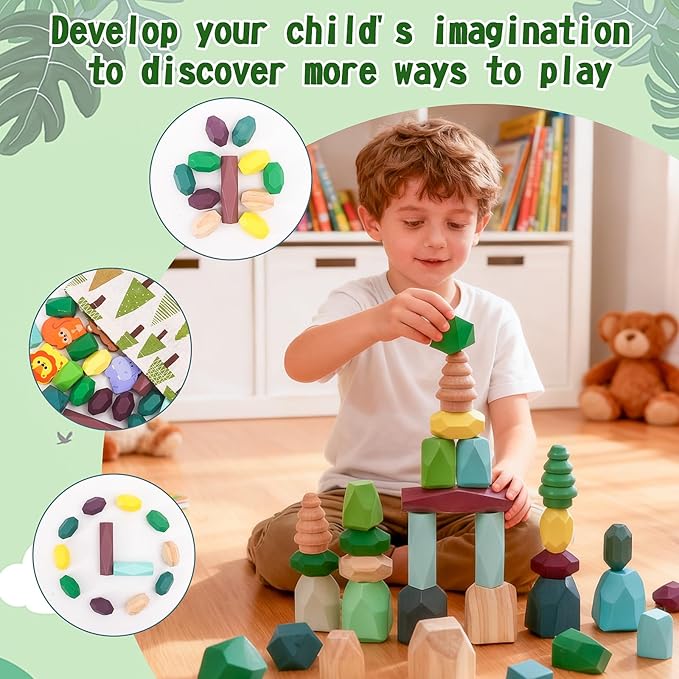 Wooden Stacking Rocks Toys Set for Kids Educational Stacking Blocks Building Blocks for Toddlers 1-3 Forest Theme Montessori Toys Creative Stacking Game for Children