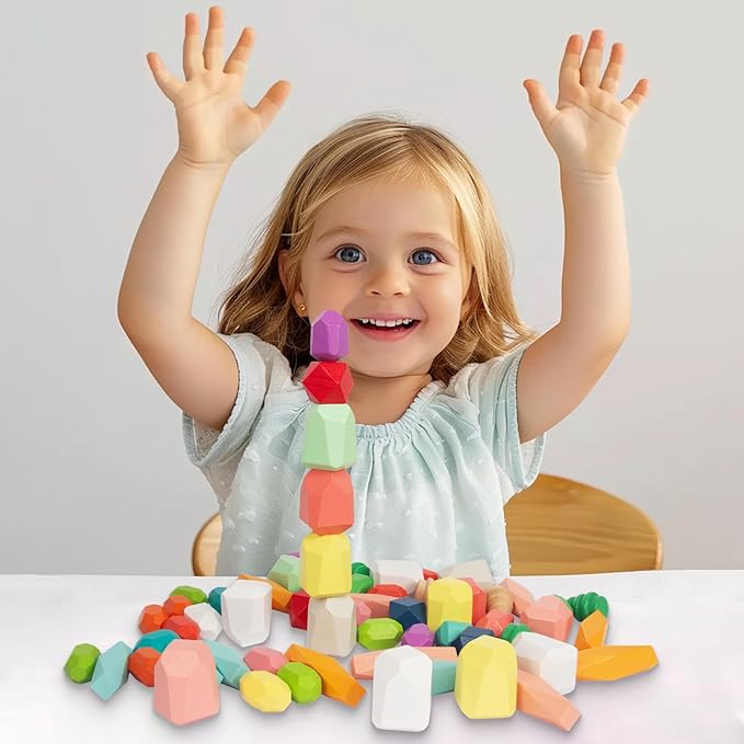 48 PCS Wooden Sorting Stacking Rocks Stones,Sensory Toddler Toys Learning Montessori STEM Toys, Building Blocks Game for Kids 3-6 Years Boy and Girl Birthday Gifts for Kids