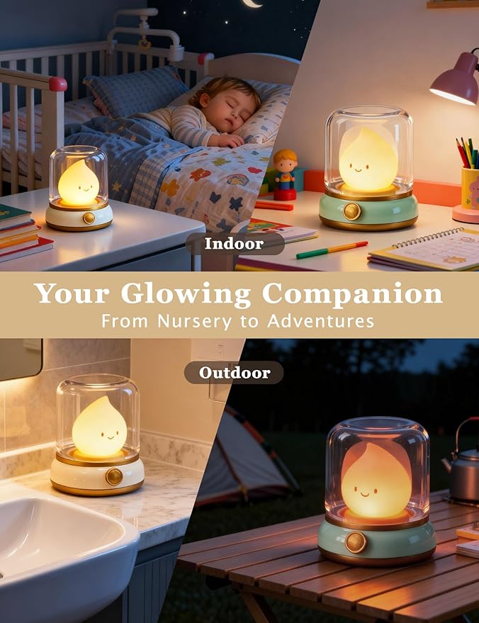 Cute Smiley Lamp, Portable LED Camping Lantern Night Light, Rechargeable, Dimming, Table Bedside Candle Light for Baby Nursery Decor, Bedroom, Bathroom
