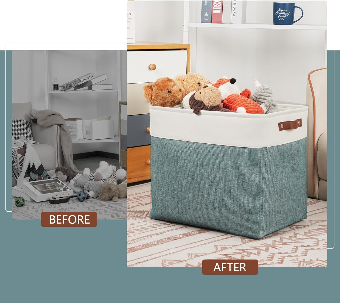 DULLEMELO Extra Large Storage Baskets,Fabric Storage Bins with Handles for Home,Office,Closet,Clothes,Foldable Storage Bins for Closet, White&Dark Green 2-Pack