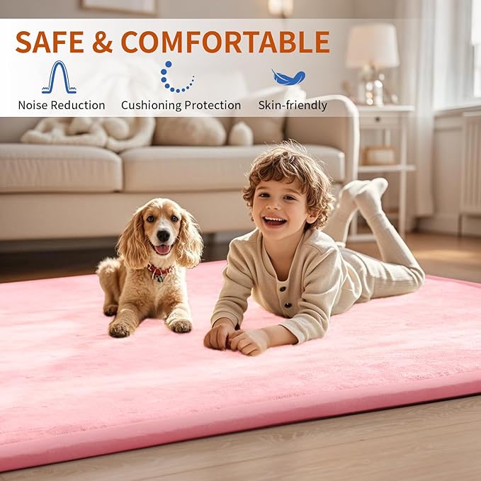 ACOMOPACK Baby Play Mat for Floor,1.3" Thick Memory Foam Area Rug for Living Room,Soft Velvet Crawling with Non-Slip Bottom for Kid,Toddler,71"×79" Tummy Time Nursery Rugs,Yoga（Pink）