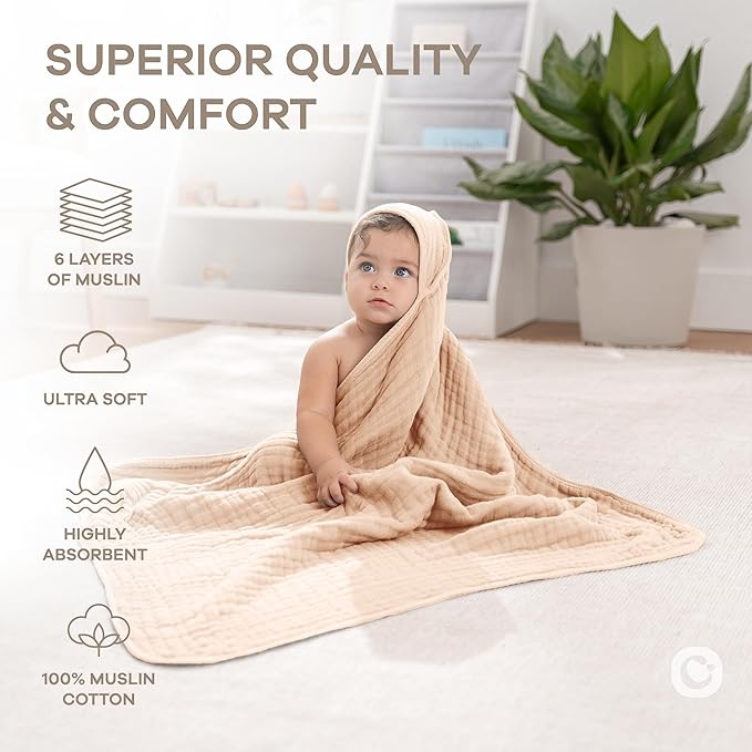 Comfy Cubs Hooded Baby Towel 2-Pack, Large 32 x 32 Inch - 6 Layer 100% Muslin Cotton for Babies, Toddlers and Kids - Soft & Absorbent Baby Bath Towels - Unisex Design for Bath Time - Cream