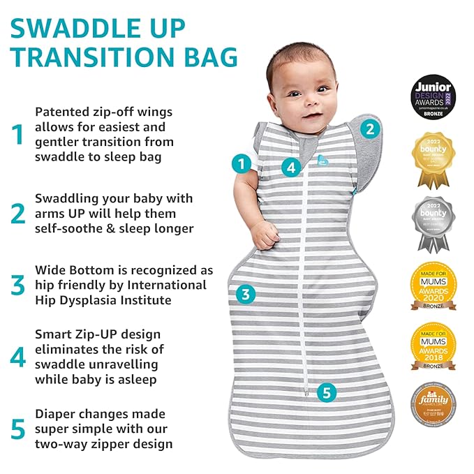 Love to Dream Swaddle Up Transition Swaddle, Patented Zip-Off Wings, Gently Help Baby Transition from Being Swaddled to Arms Free When Showing Signs of Rolling, 1.0 TOG, 13-19 lbs, Rainbow Dream